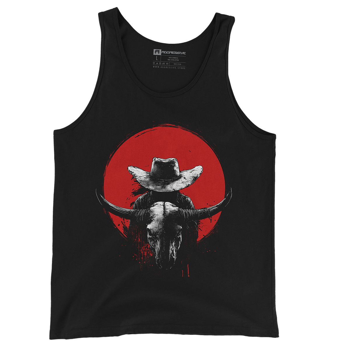 premium streetwear tank top design of a haunting blend of Western folklore and gothic grit. Featuring a lone outlaw framed by a blood-red moon and a weathered bull skull, this design captures the spirit of vengeance, mystery, and the untamed frontier