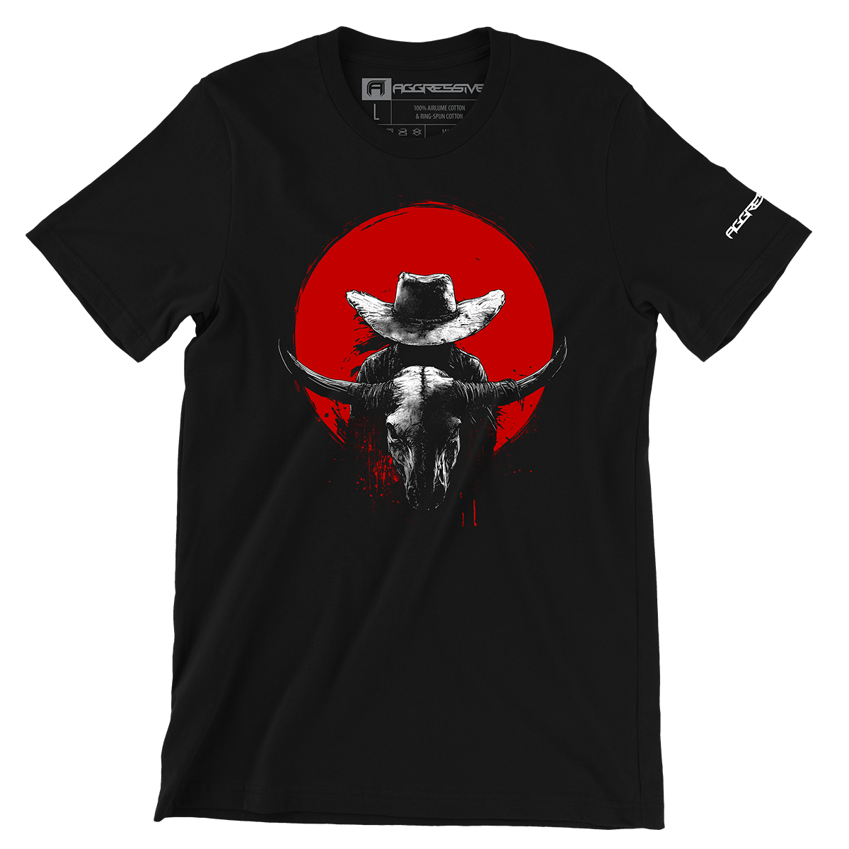 t-shirt design of a haunting blend of Western folklore and gothic grit. Featuring a lone outlaw framed by a blood-red moon and a weathered bull skull, this design captures the spirit of vengeance, mystery, and the untamed frontier