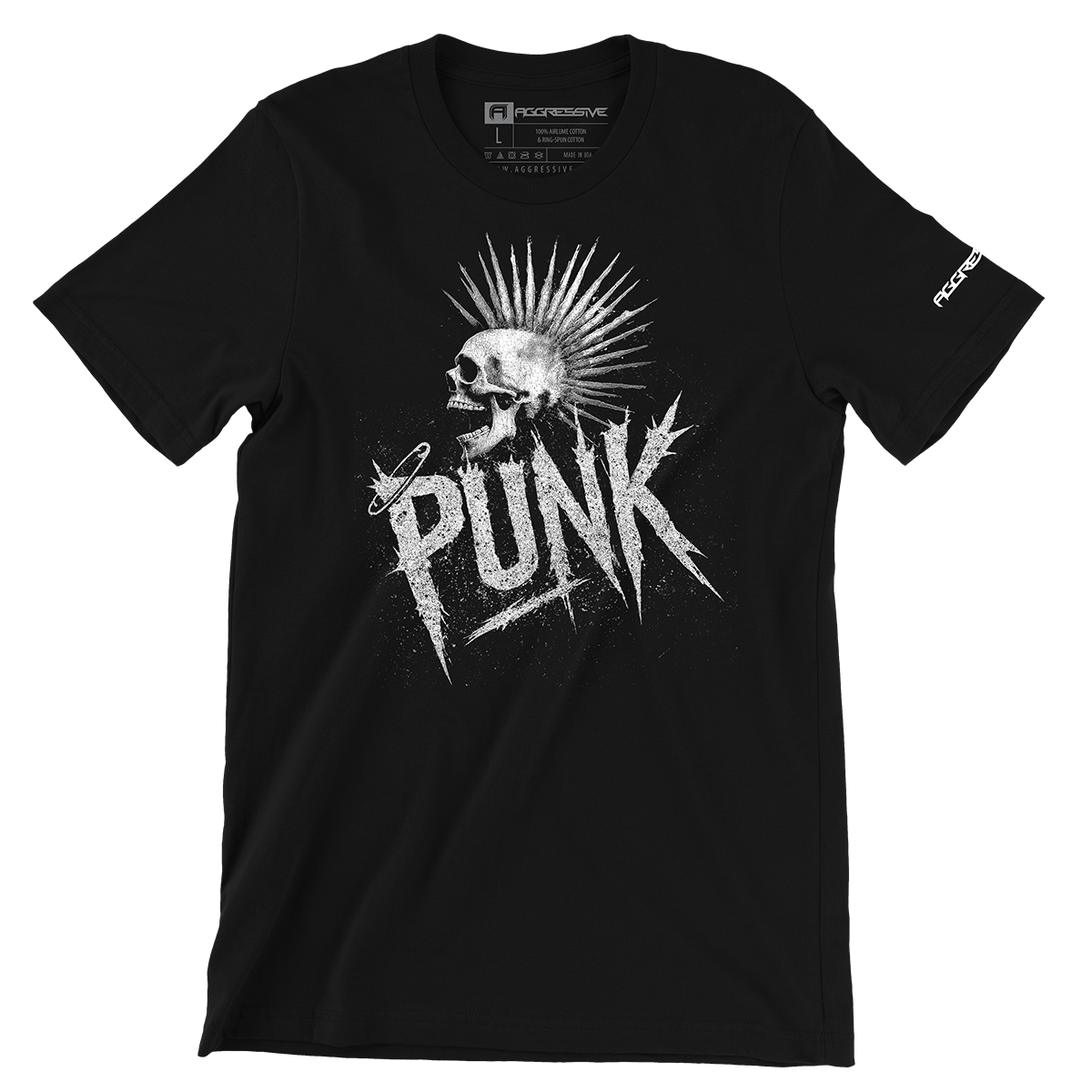 black t-shirt of a screaming skull crowned with a liberty spike mohawk crashes through jagged, anarchist lettering