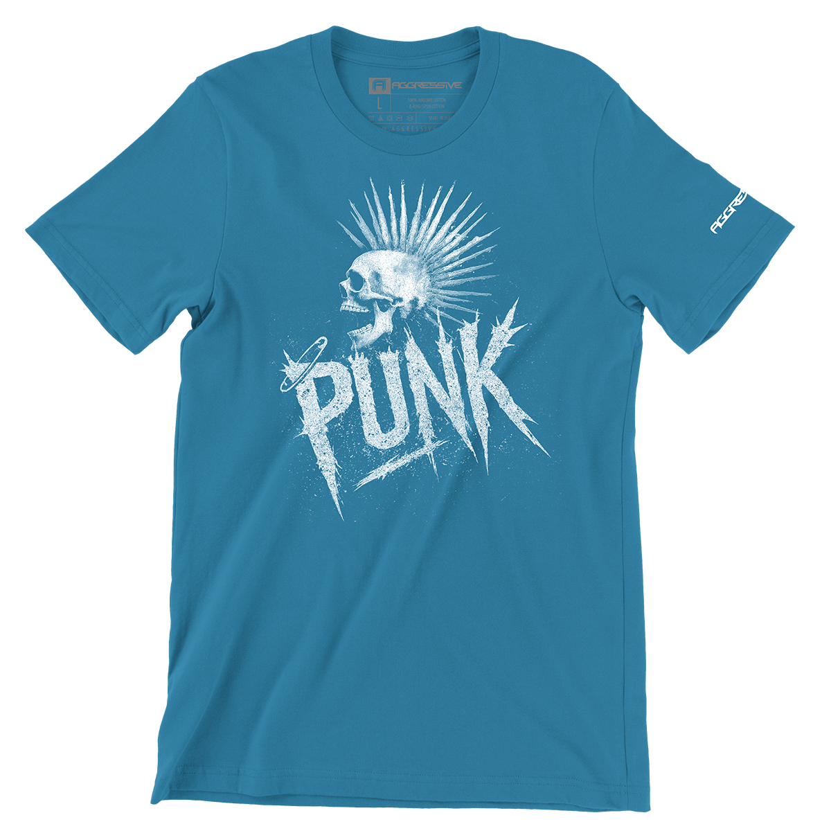 blue t-shirt of a screaming skull crowned with a liberty spike mohawk crashes through jagged, anarchist lettering