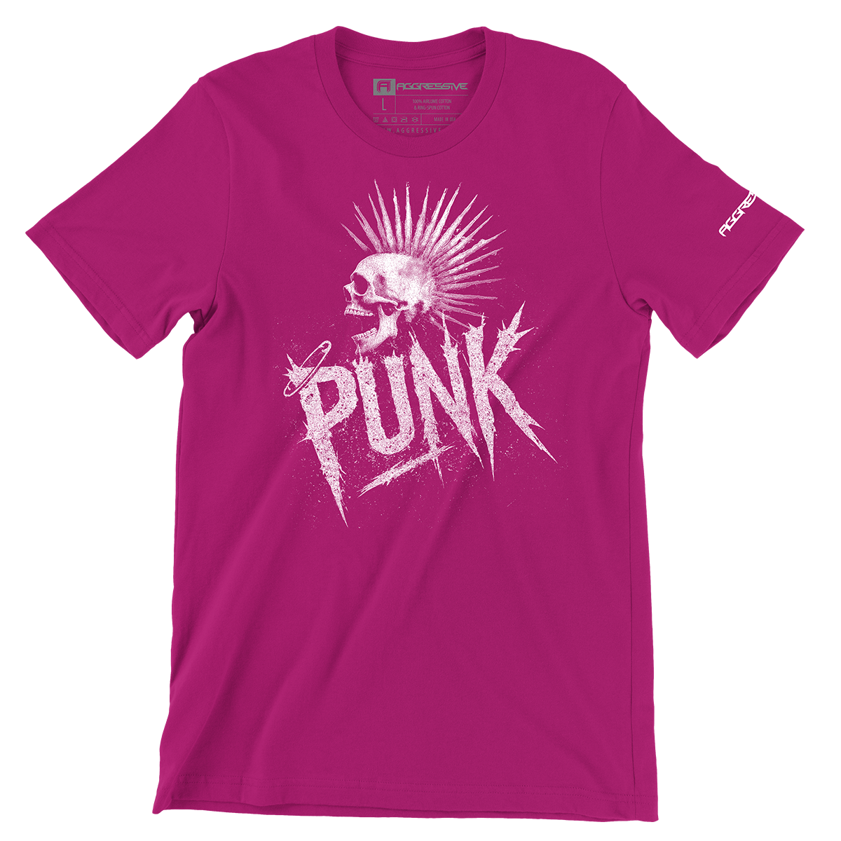 pink t-shirt of a screaming skull crowned with a liberty spike mohawk crashes through jagged, anarchist lettering