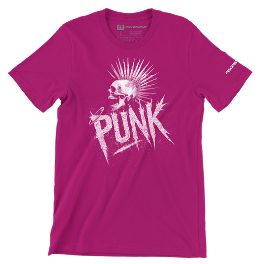 pink t-shirt of a screaming skull crowned with a liberty spike mohawk crashes through jagged, anarchist lettering