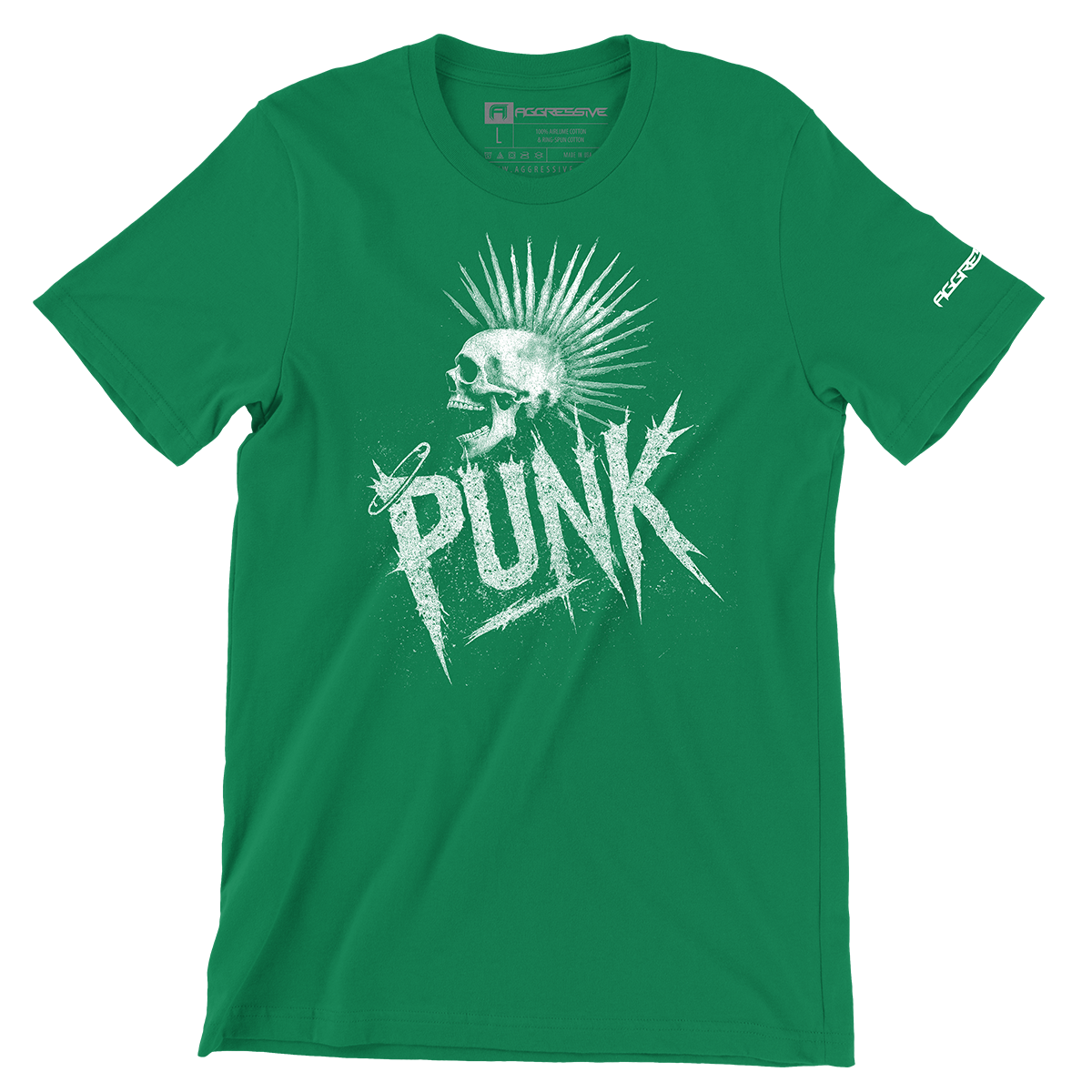green t-shirt of a screaming skull crowned with a liberty spike mohawk crashes through jagged, anarchist lettering