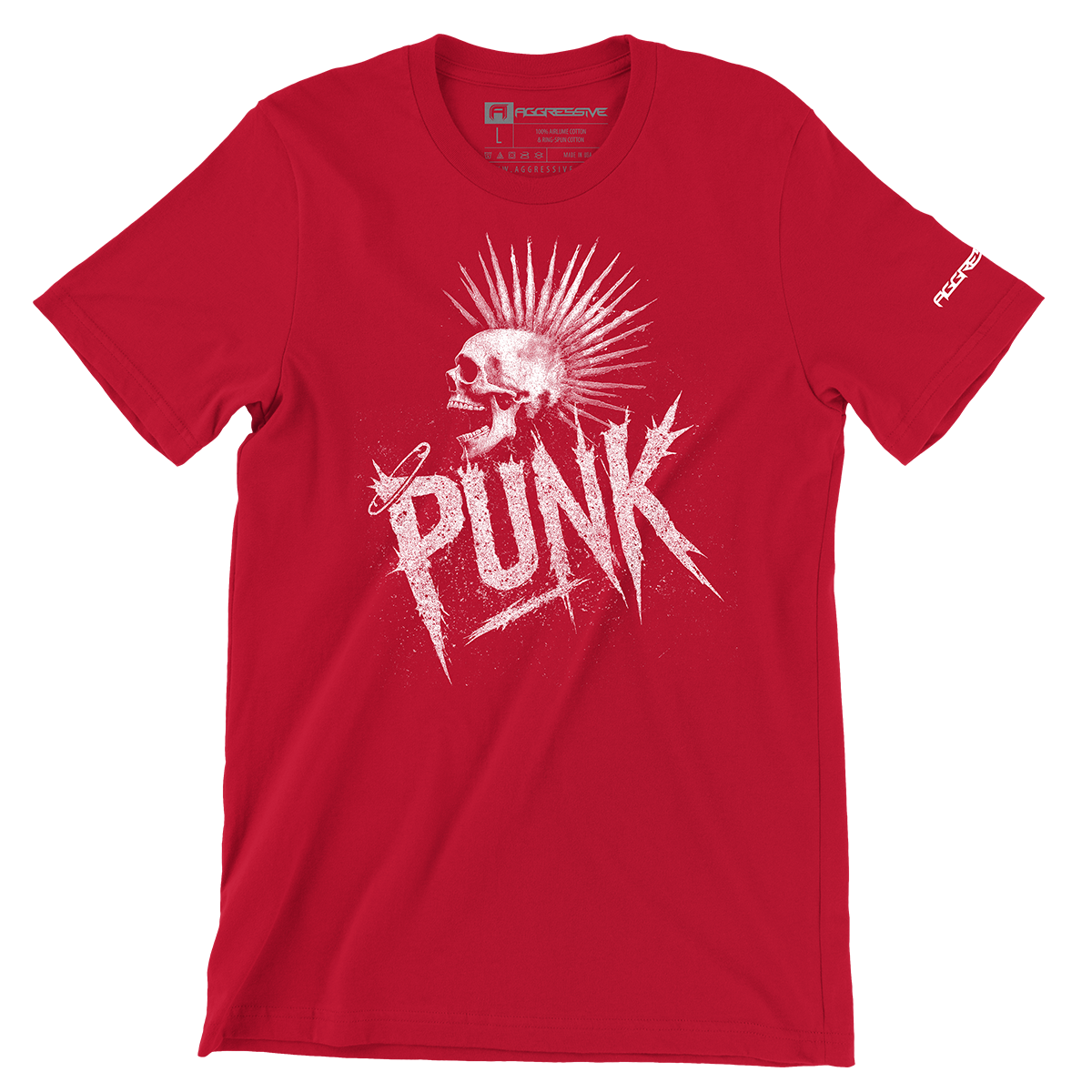 red t-shirt of a screaming skull crowned with a liberty spike mohawk crashes through jagged, anarchist lettering
