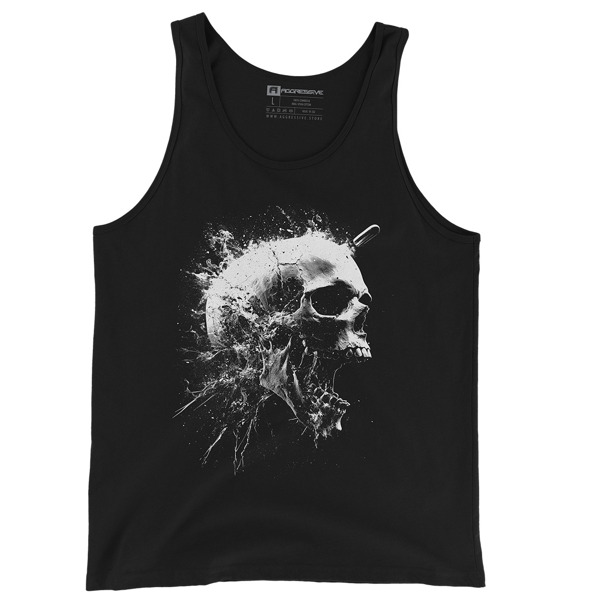 black tank top of exact instant a skull is obliterated by a high-caliber force. With hyper-detailed textures and chaotic fragmentation, this design freezes destruction in time, delivering a raw, unapologetic symbol of power, fragility, and rebellion