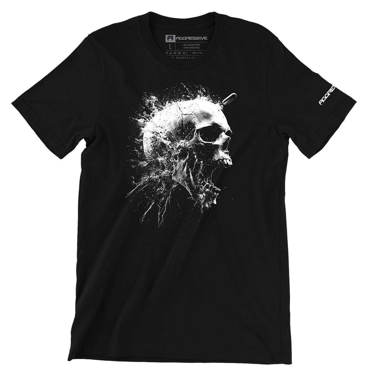 black t-shirt of exact instant a skull is obliterated by a high-caliber force. With hyper-detailed textures and chaotic fragmentation, this design freezes destruction in time, delivering a raw, unapologetic symbol of power, fragility, and rebellion