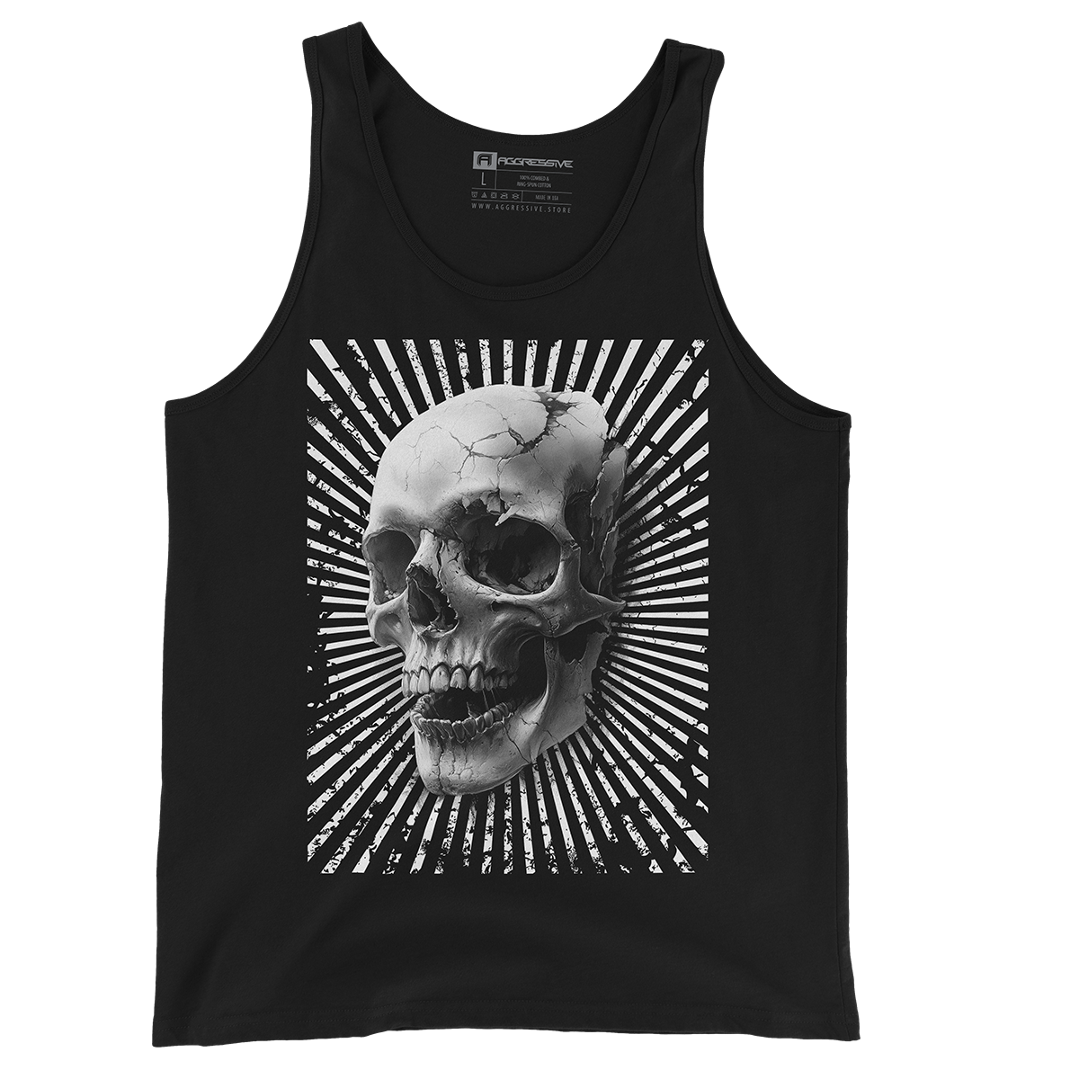 black tank top featuring a hyper-detailed cracked skull emerging from a dynamic radial burst, this tee exudes an edgy, rebellious vibe