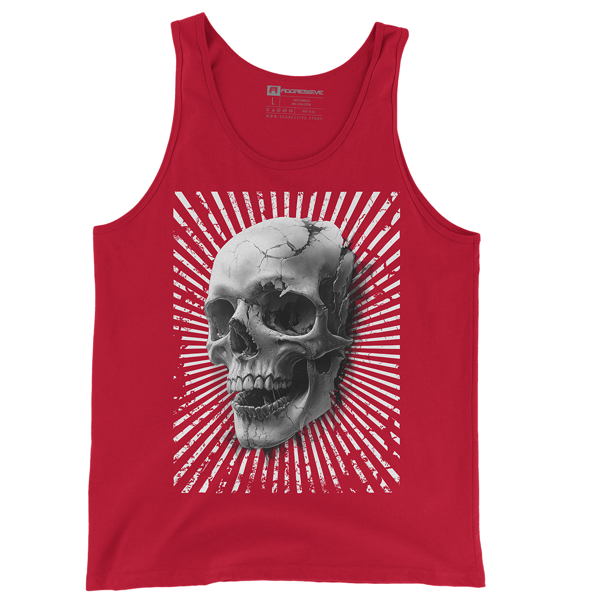 red tank top featuring a hyper-detailed cracked skull emerging from a dynamic radial burst, this tee exudes an edgy, rebellious vibe