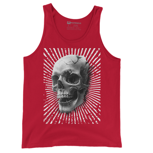 red tank top featuring a hyper-detailed cracked skull emerging from a dynamic radial burst, this tee exudes an edgy, rebellious vibe