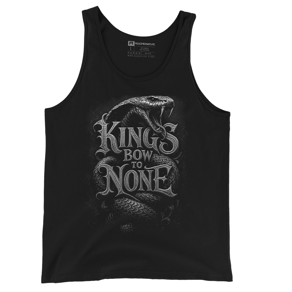 premium essential streetwear tank top featuring a gothic serpent coiled around the powerful phrase “Kings Bow to None”