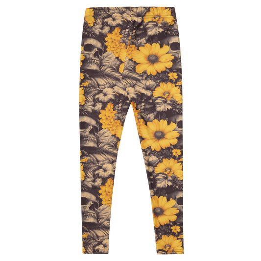 back view of premium women's leggings with Deadly Petals print which features a surreal collision of vivid golden blooms and shadowy skulls hidden in a jungle of inked leaves