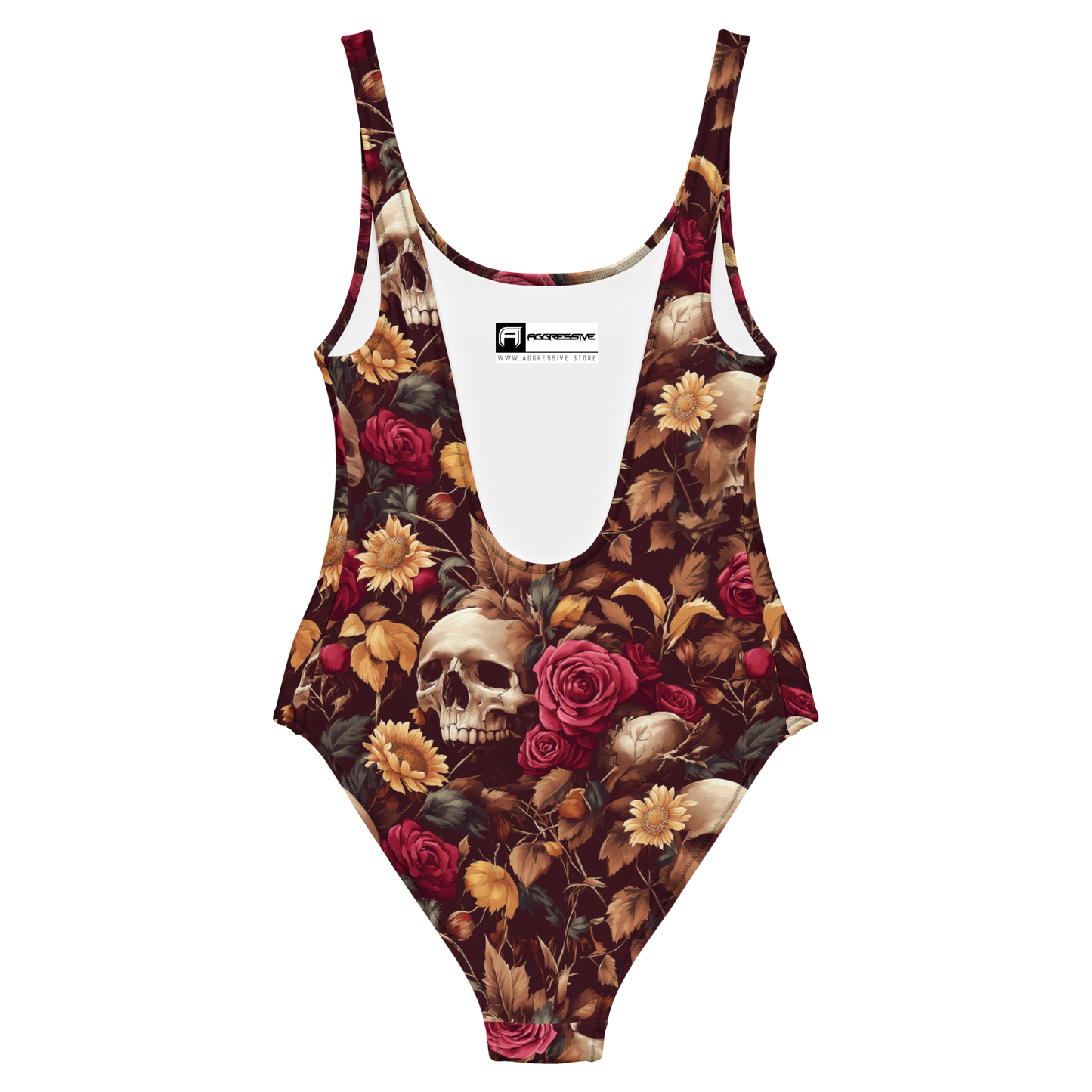 back view of one-piece swimsuit that blends hauntingly beautiful skulls with lush, full-bodied roses and golden sunflowers against a rich burgundy backdrop. Each intricate detail captures the delicate balance between mortality and bloom