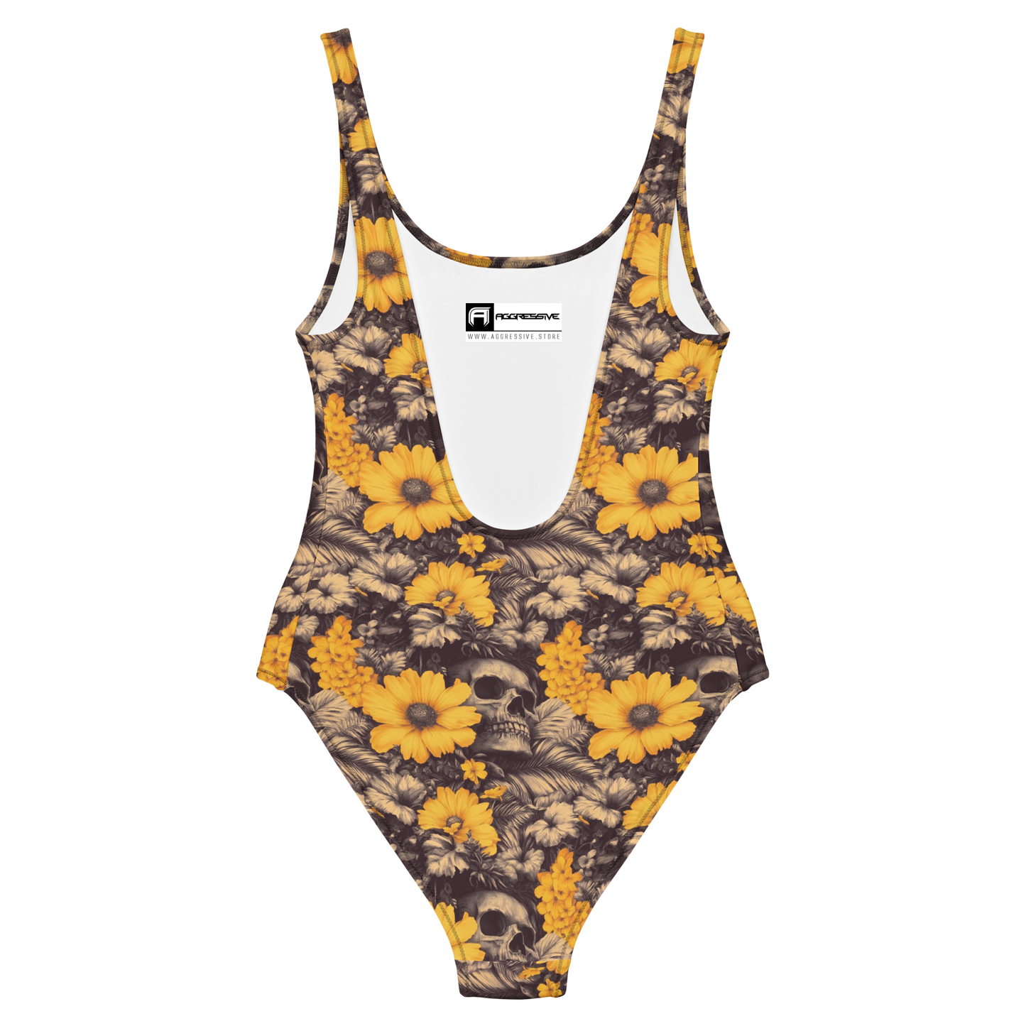 back view of one-piece swimsuit Deadly Petals which features a surreal collision of vivid golden blooms and shadowy skulls hidden in a jungle of inked leaves