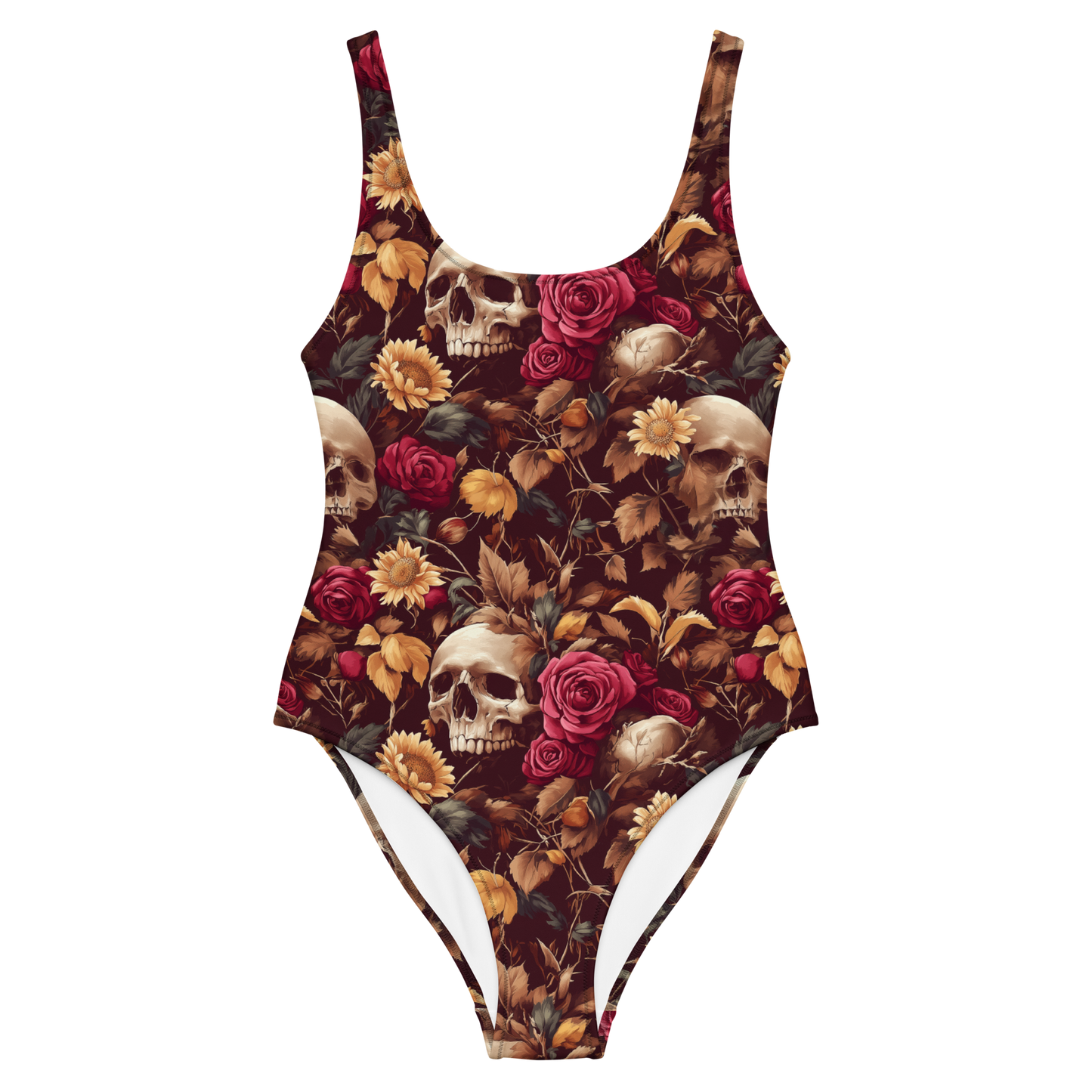 font view of one-piece swimsuit that blends hauntingly beautiful skulls with lush, full-bodied roses and golden sunflowers against a rich burgundy backdrop. Each intricate detail captures the delicate balance between mortality and bloom