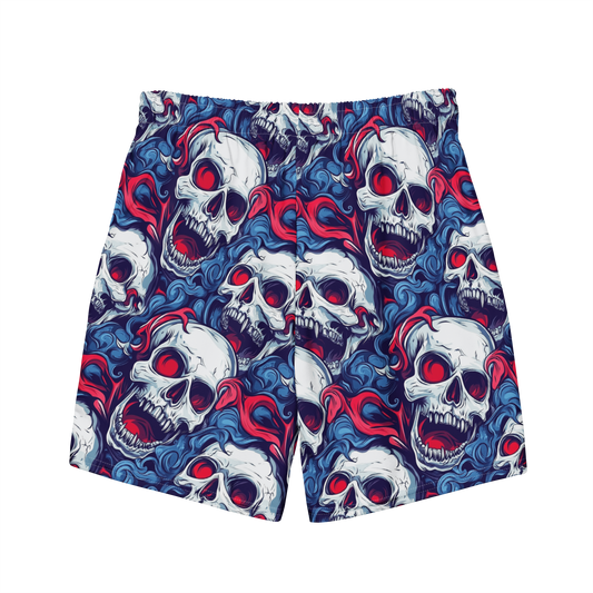 back view of men's swim trunks featuring an electrifying design of intricate skulls and fluid blue and red swirls