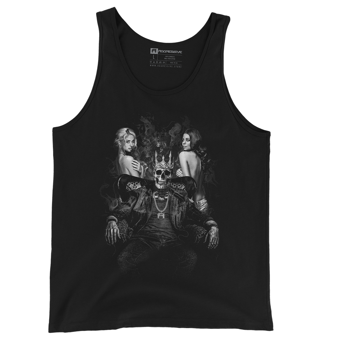 black premium graphic tank top features a haunting black and white design that merges luxury with darkness - a crowned skeleton king flanked by beauty, dressed in street fashion with an unmistakable edge