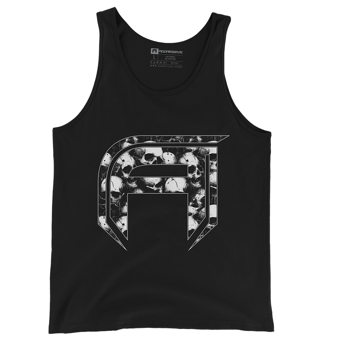 black tank top featuring AGGRESSIVE APPAREL brand's distinctive "A" logo filled with a mesmerizing array of skulls rendered in sharp black and white contrast