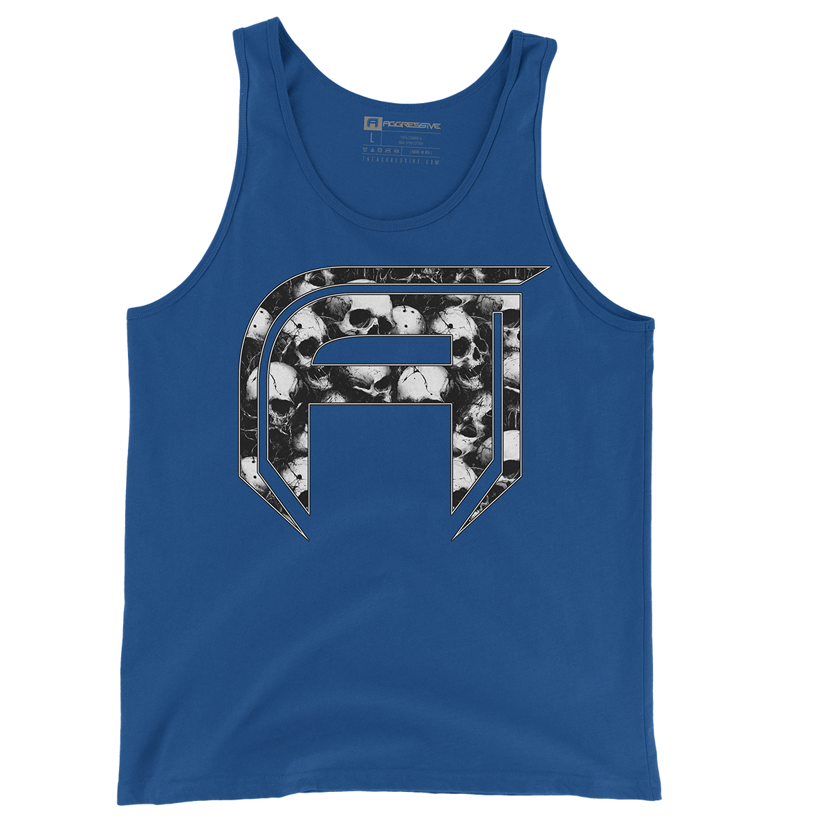 blue tank top featuring AGGRESSIVE APPAREL brand's distinctive "A" logo filled with a mesmerizing array of skulls rendered in sharp black and white contrast