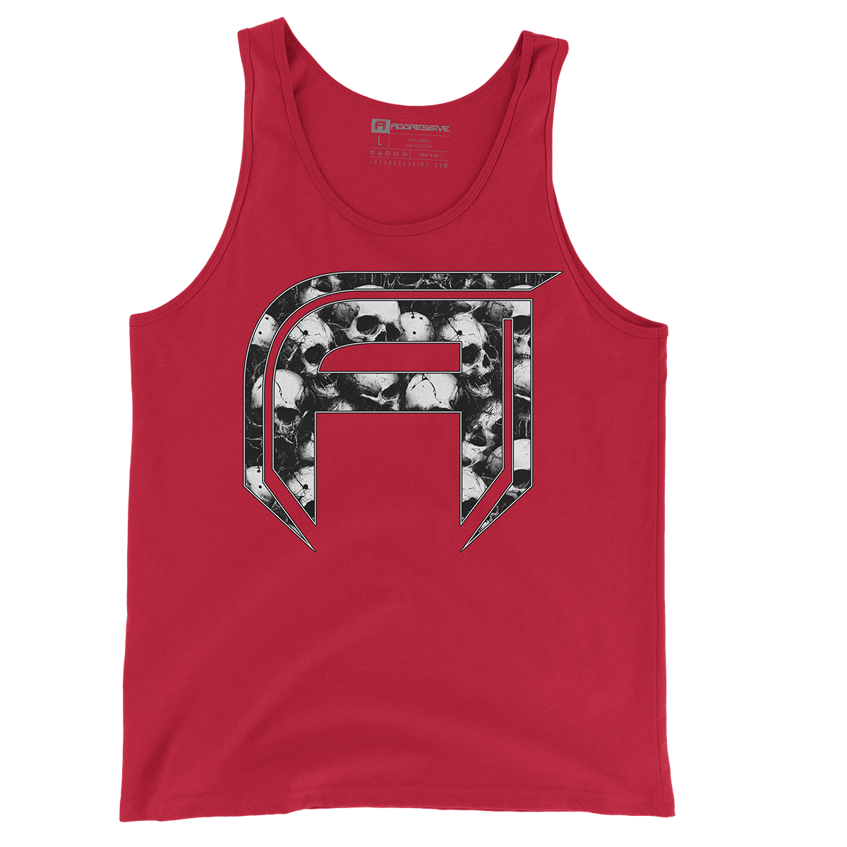red tank top featuring AGGRESSIVE APPAREL brand's distinctive "A" logo filled with a mesmerizing array of skulls rendered in sharp black and white contrast