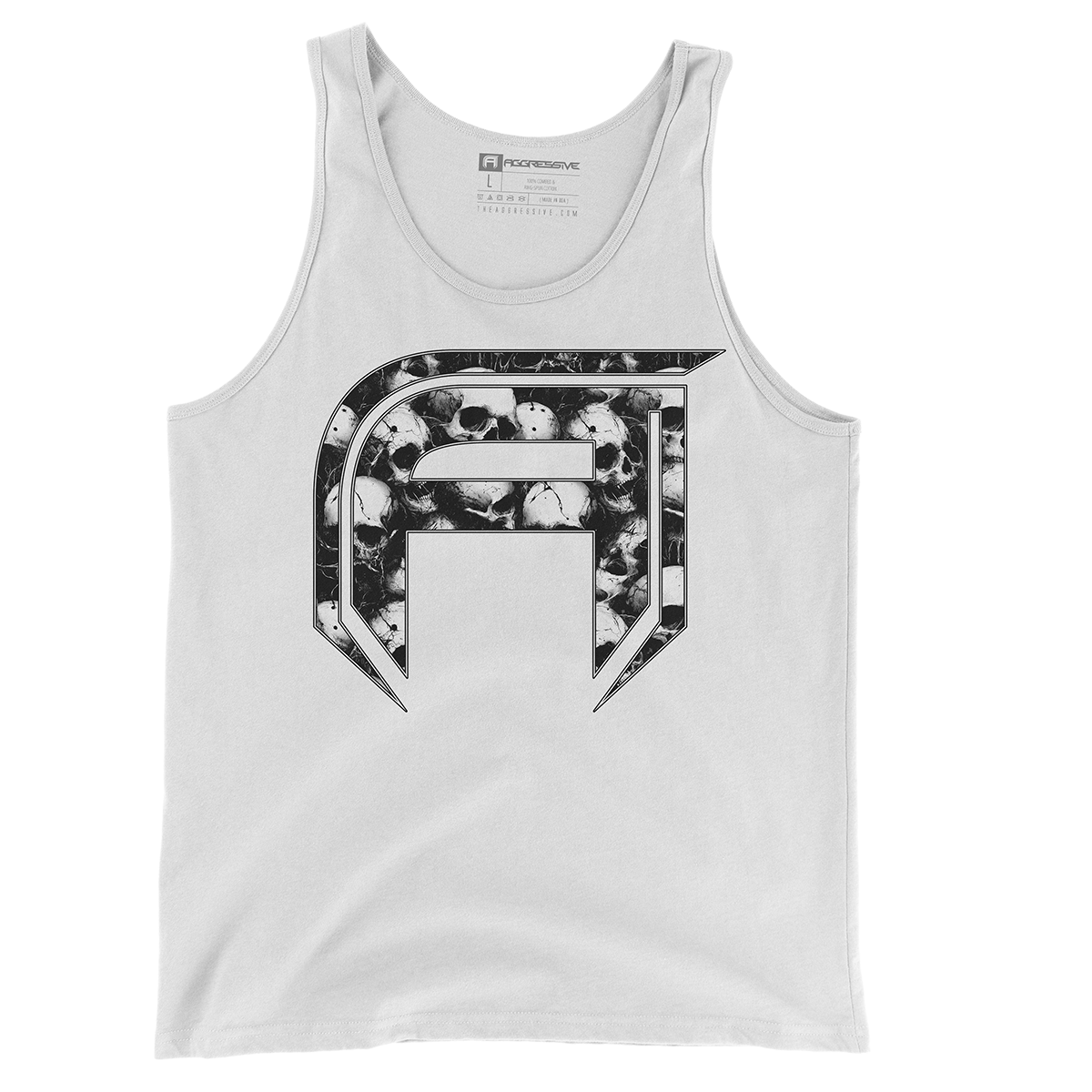 white tank top featuring AGGRESSIVE APPAREL brand's distinctive "A" logo filled with a mesmerizing array of skulls rendered in sharp black and white contrast