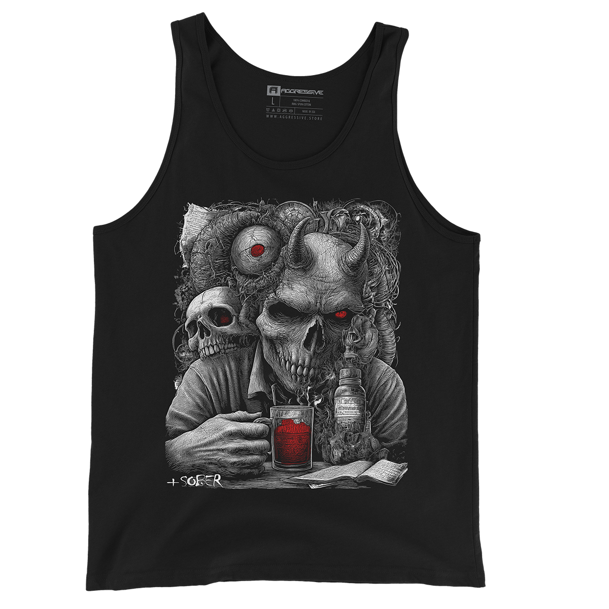 premium streetwear tank top design of a hyper-detailed, cross-hatch style design features a horned skull-faced figure locked in an eerie moment of stillness, clutching a steaming glass of red elixir. Surrounded by relics of madness—decayed skulls, twisted wiring, and cryptic pages