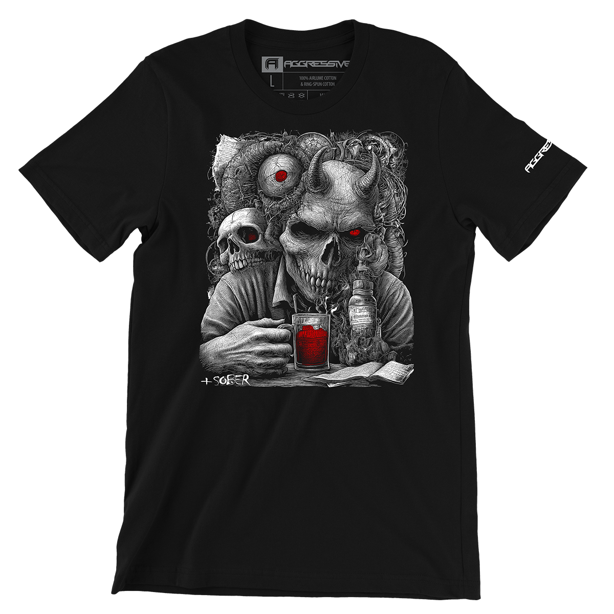 premium streetwear t-shirt design of a hyper-detailed, cross-hatch style design features a horned skull-faced figure locked in an eerie moment of stillness, clutching a steaming glass of red elixir. Surrounded by relics of madness—decayed skulls, twisted wiring, and cryptic pages