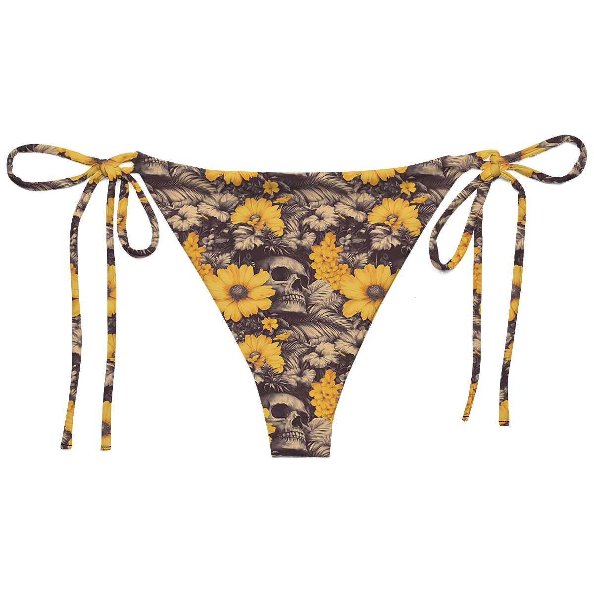 back view of string bikini bottoms swimsuit Deadly Petals which features a surreal collision of vivid golden blooms and shadowy skulls hidden in a jungle of inked leaves