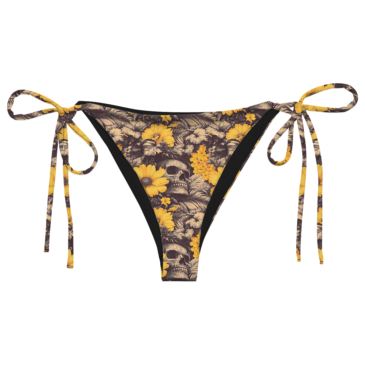 front view of string bikini bottoms swimsuit Deadly Petals which features a surreal collision of vivid golden blooms and shadowy skulls hidden in a jungle of inked leaves