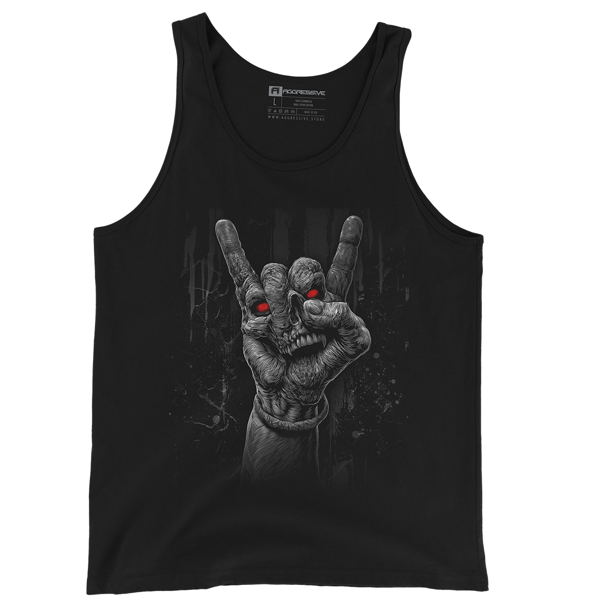 tank top design of a skeletal hand casting the iconic “devil horns” gesture, eyes glowing red with unholy fury