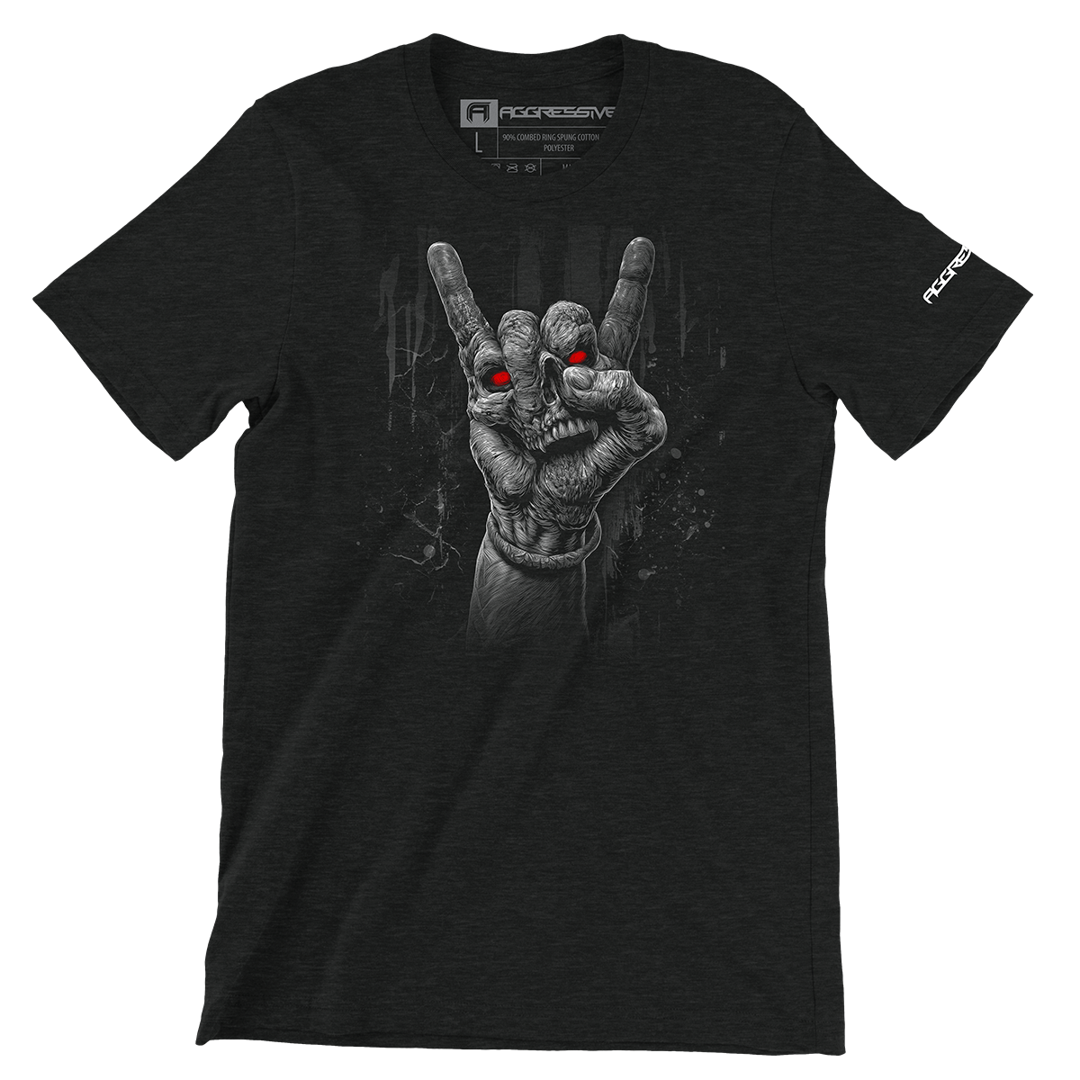 t-shirt design of a skeletal hand casting the iconic “devil horns” gesture, eyes glowing red with unholy fury