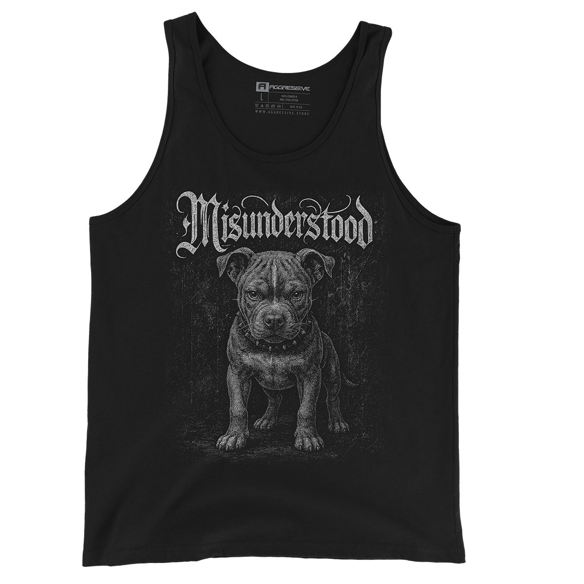 premium streetwear tank top featuring a bold, hand-drawn illustration of a pit bull, this speaks for the misunderstood, the judged, and the loyal with gothic lettering
