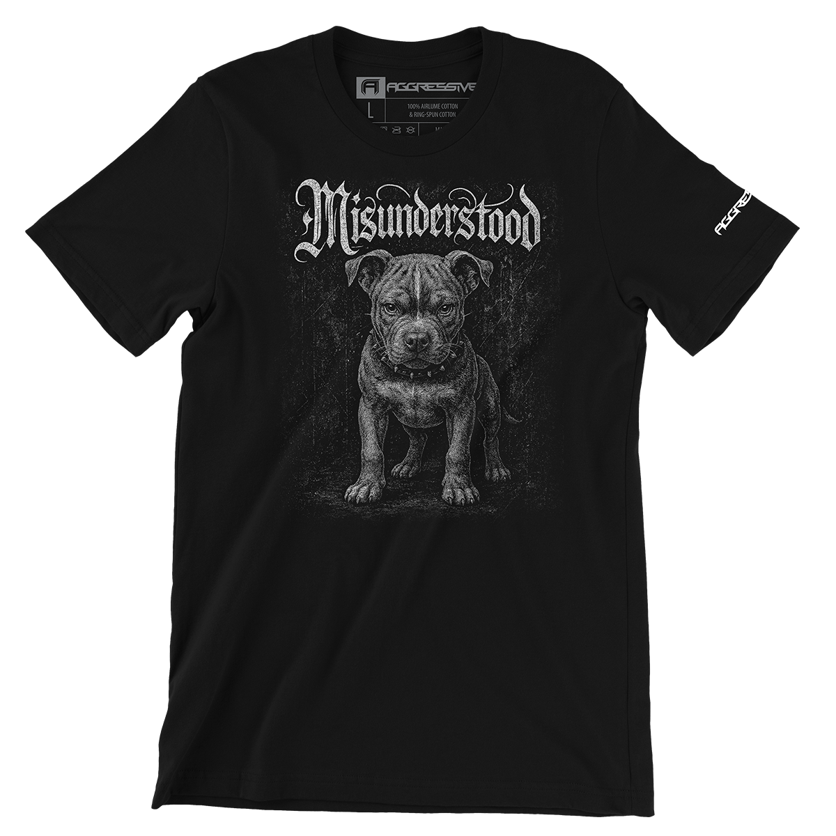 premium streetwear t-shirt featuring a bold, hand-drawn illustration of a pit bull, this speaks for the misunderstood, the judged, and the loyal with gothic lettering