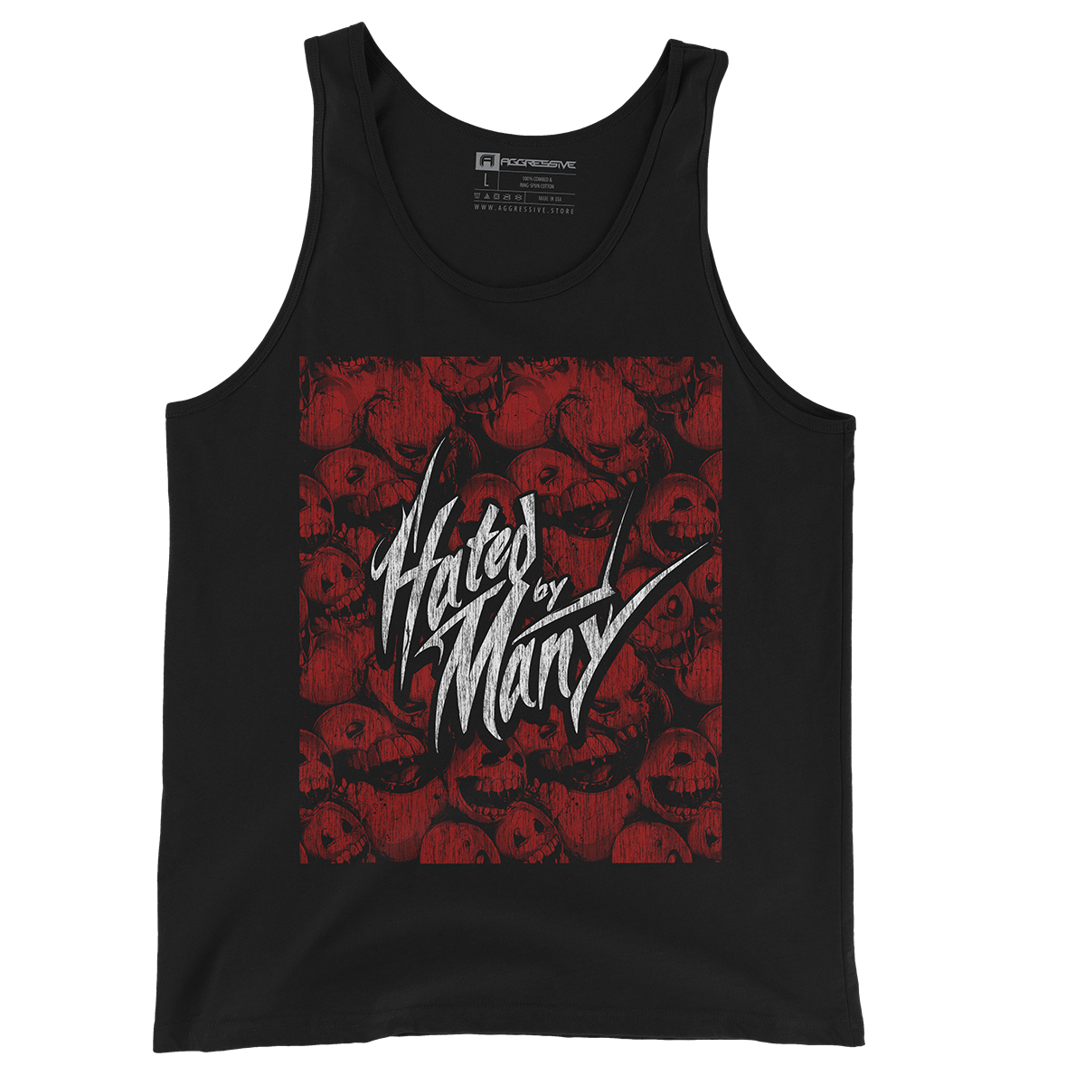 black tank top features the defiant phrase "Hated by Many" in sharp, distressed white typography that stands out dramatically against a deep red background patterned with stylized skulls
