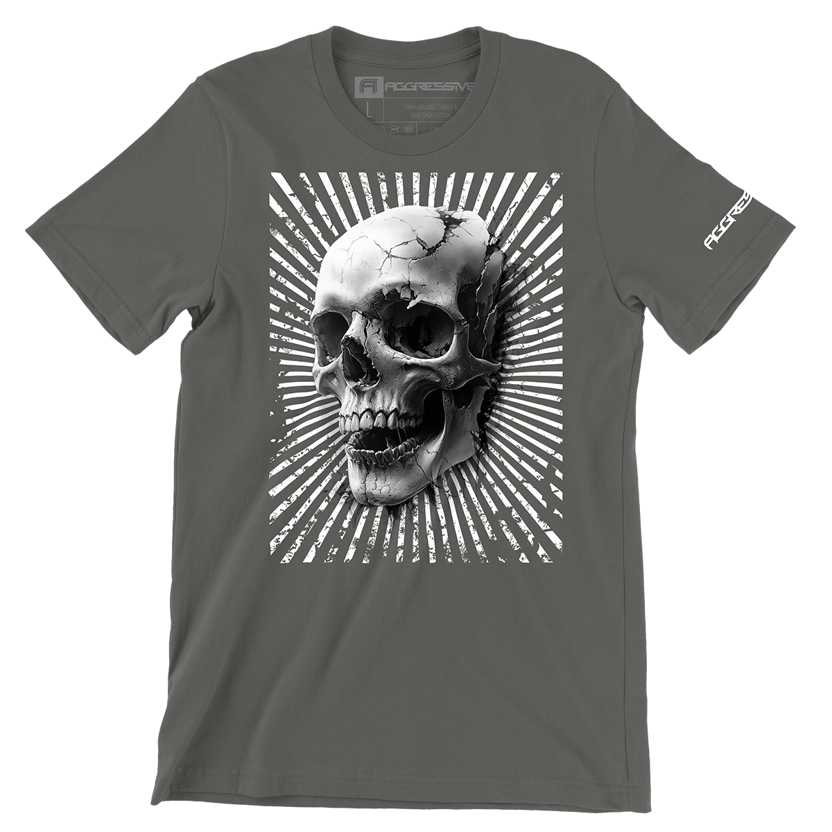 gray t-shirt featuring a hyper-detailed cracked skull emerging from a dynamic radial burst, this tee exudes an edgy, rebellious vibe