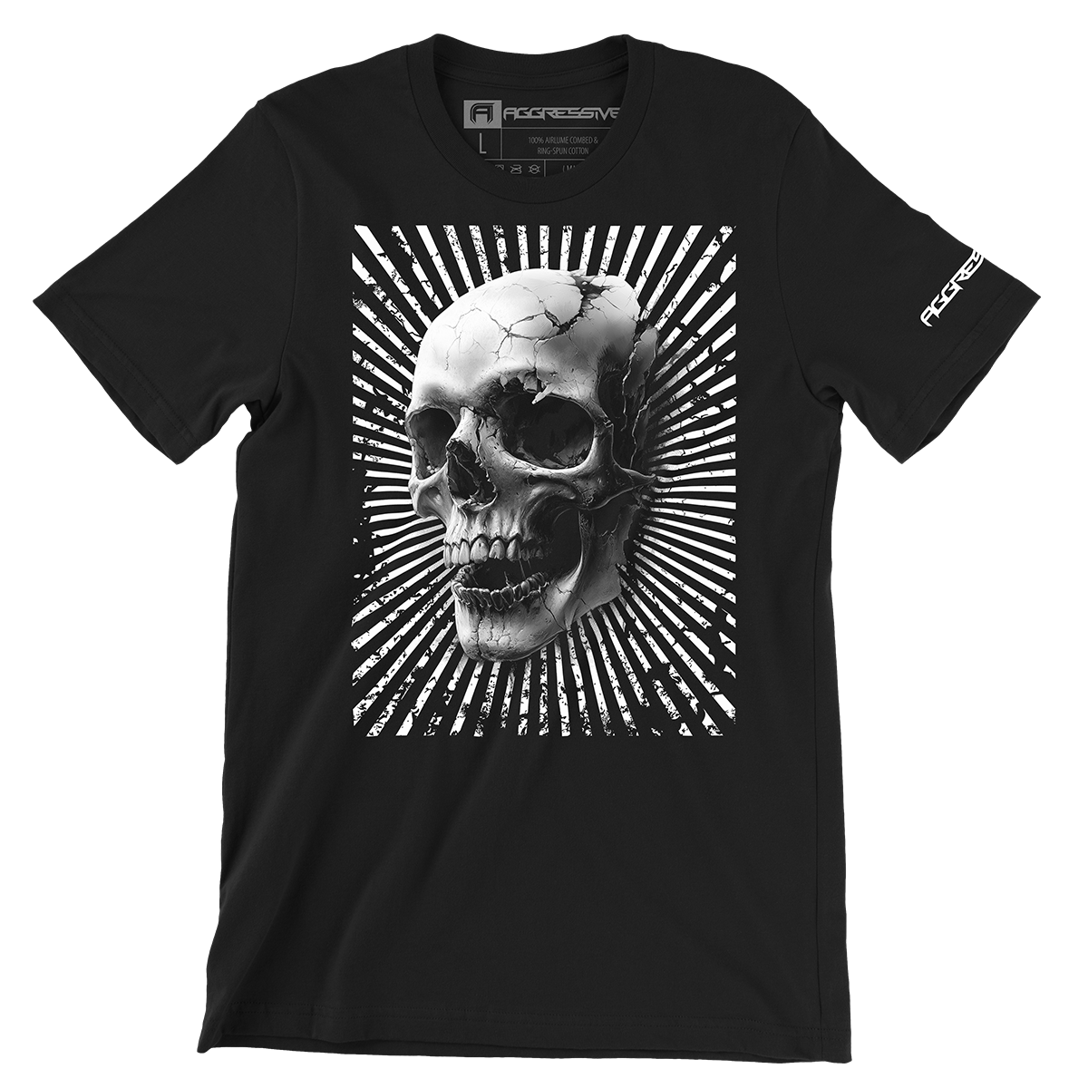 black t-shirt featuring a hyper-detailed cracked skull emerging from a dynamic radial burst, this tee exudes an edgy, rebellious vibe