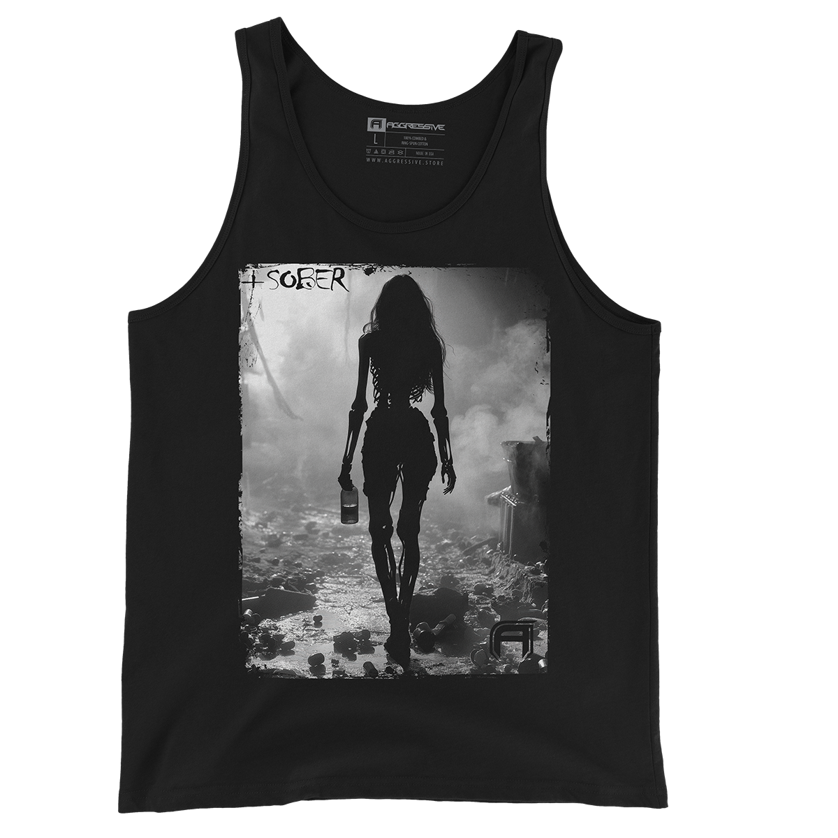 black t-shirt of a haunting imagery of a skeletal figure walking through the remnants of a broken past symbolizes the struggle with addiction and the journey toward sobriety
