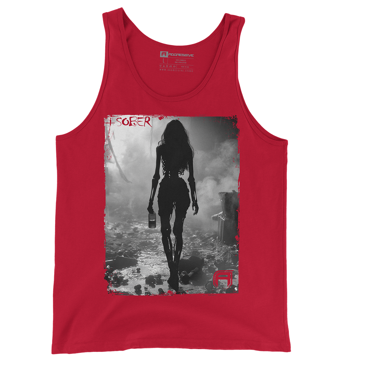 red t-shirt of a haunting imagery of a skeletal figure walking through the remnants of a broken past symbolizes the struggle with addiction and the journey toward sobriety
