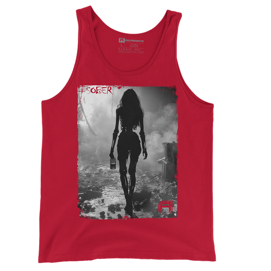red t-shirt of a haunting imagery of a skeletal figure walking through the remnants of a broken past symbolizes the struggle with addiction and the journey toward sobriety