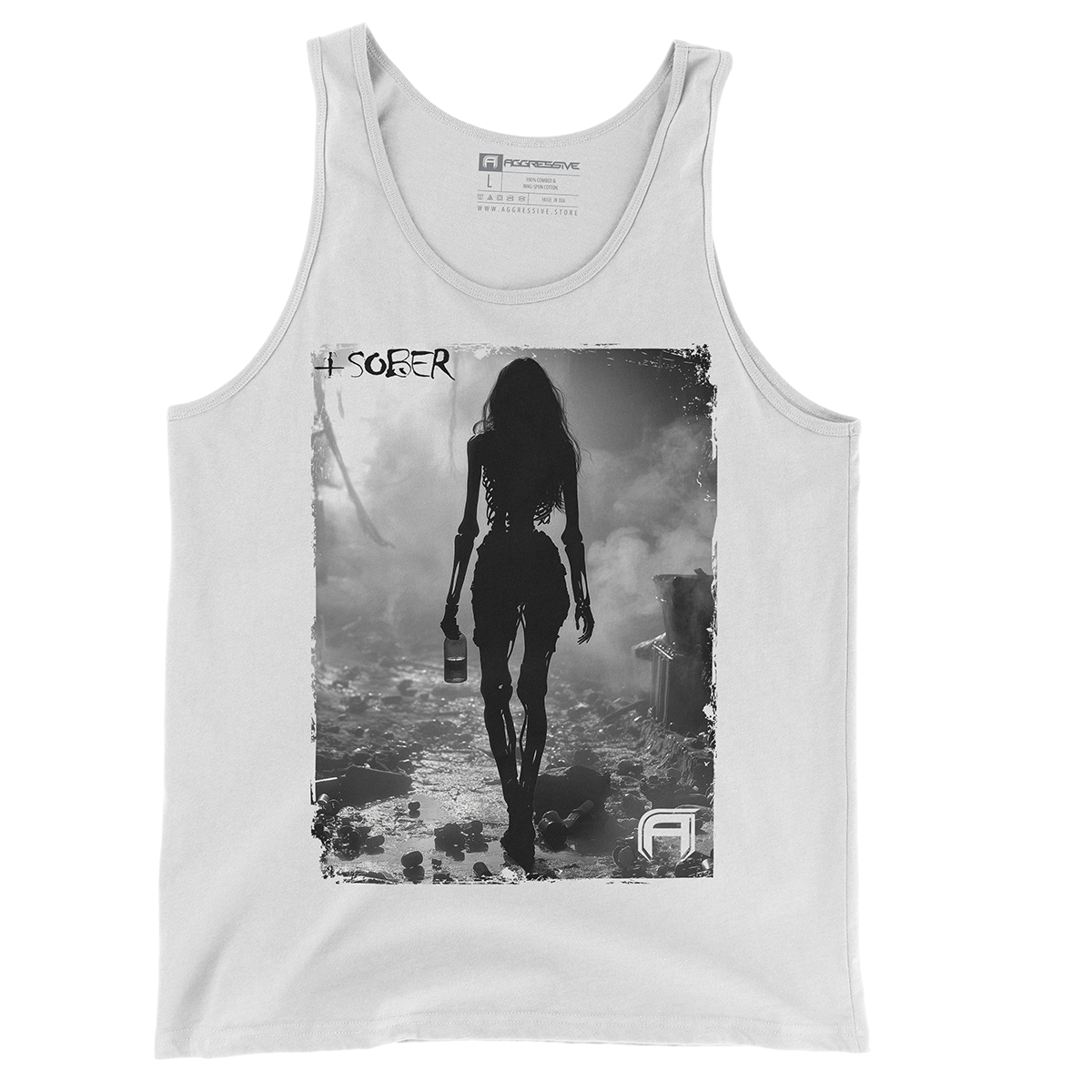 white t-shirt of a haunting imagery of a skeletal figure walking through the remnants of a broken past symbolizes the struggle with addiction and the journey toward sobriety