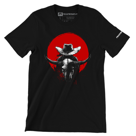 t-shirt design of a haunting blend of Western folklore and gothic grit. Featuring a lone outlaw framed by a blood-red moon and a weathered bull skull, this design captures the spirit of vengeance, mystery, and the untamed frontier