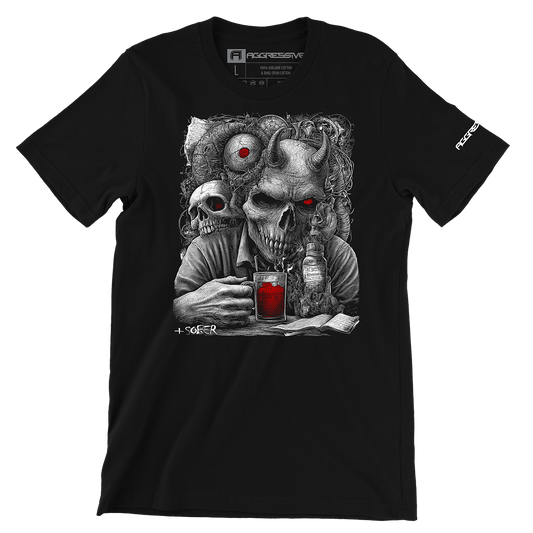 premium streetwear t-shirt design of  a hyper-detailed, cross-hatch style design features a horned skull-faced figure locked in an eerie moment of stillness, clutching a steaming glass of red elixir. Surrounded by relics of madness—decayed skulls, twisted wiring, and cryptic pages