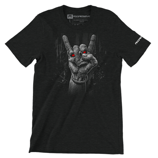 t-shirt design of a skeletal hand casting the iconic “devil horns” gesture, eyes glowing red with unholy fury