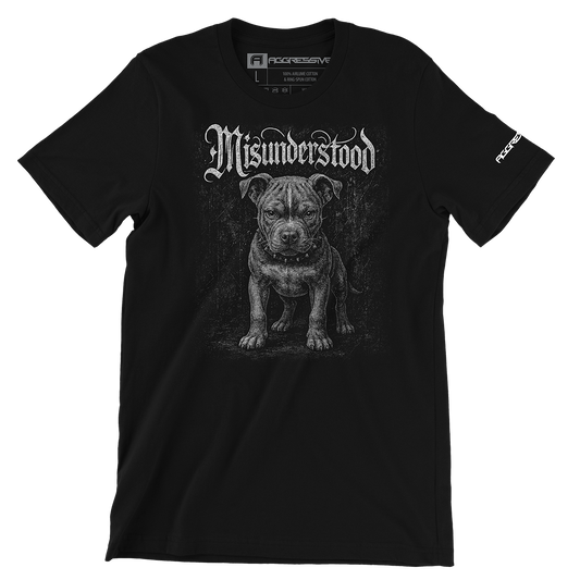 premium streetwear t-shirt featuring a bold, hand-drawn illustration of a pit bull, this speaks for the misunderstood, the judged, and the loyal with gothic lettering 